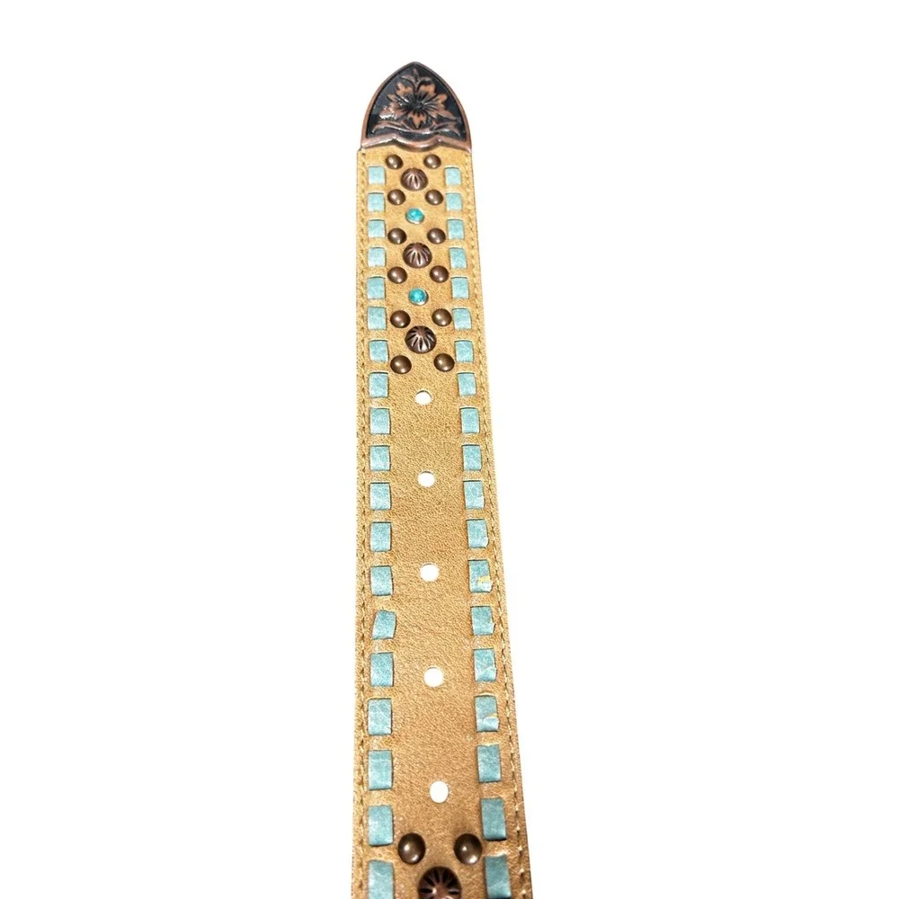 Nocona Womens Brown Western Belt Medium Studded Turquoise‎ Floral Buckle